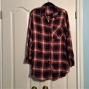 DYNAMITE plaid button up shirt with brown belt, size L